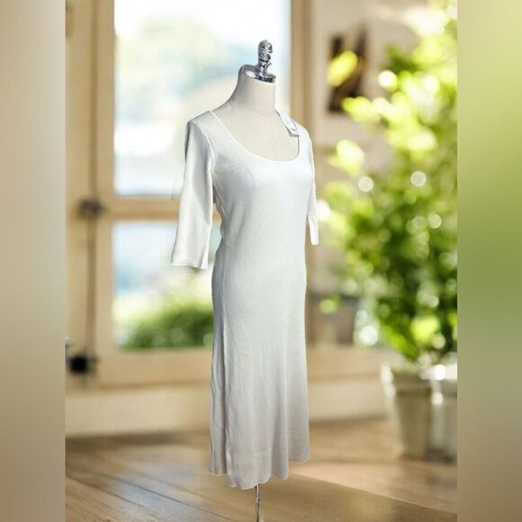 Vince | Ribbed Elbow Sleeve Scoop Neck MIDI Dress Size L - Picture 7 of 14